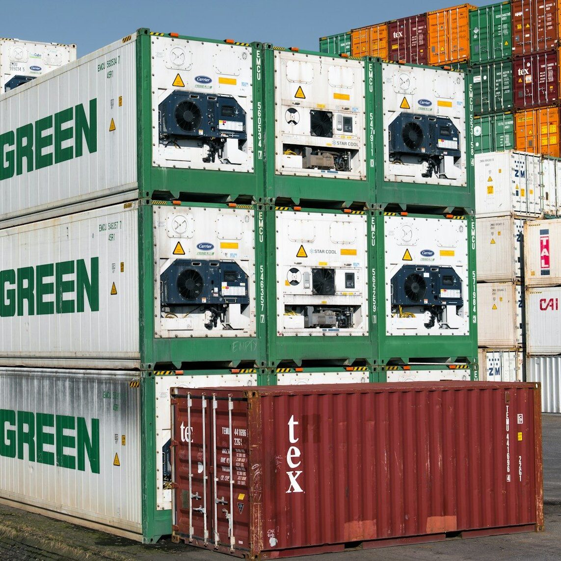 Stacked shipping containers at a port